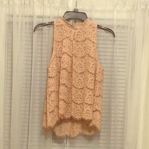 Pink, lace, sleeveless, high-neck shirt